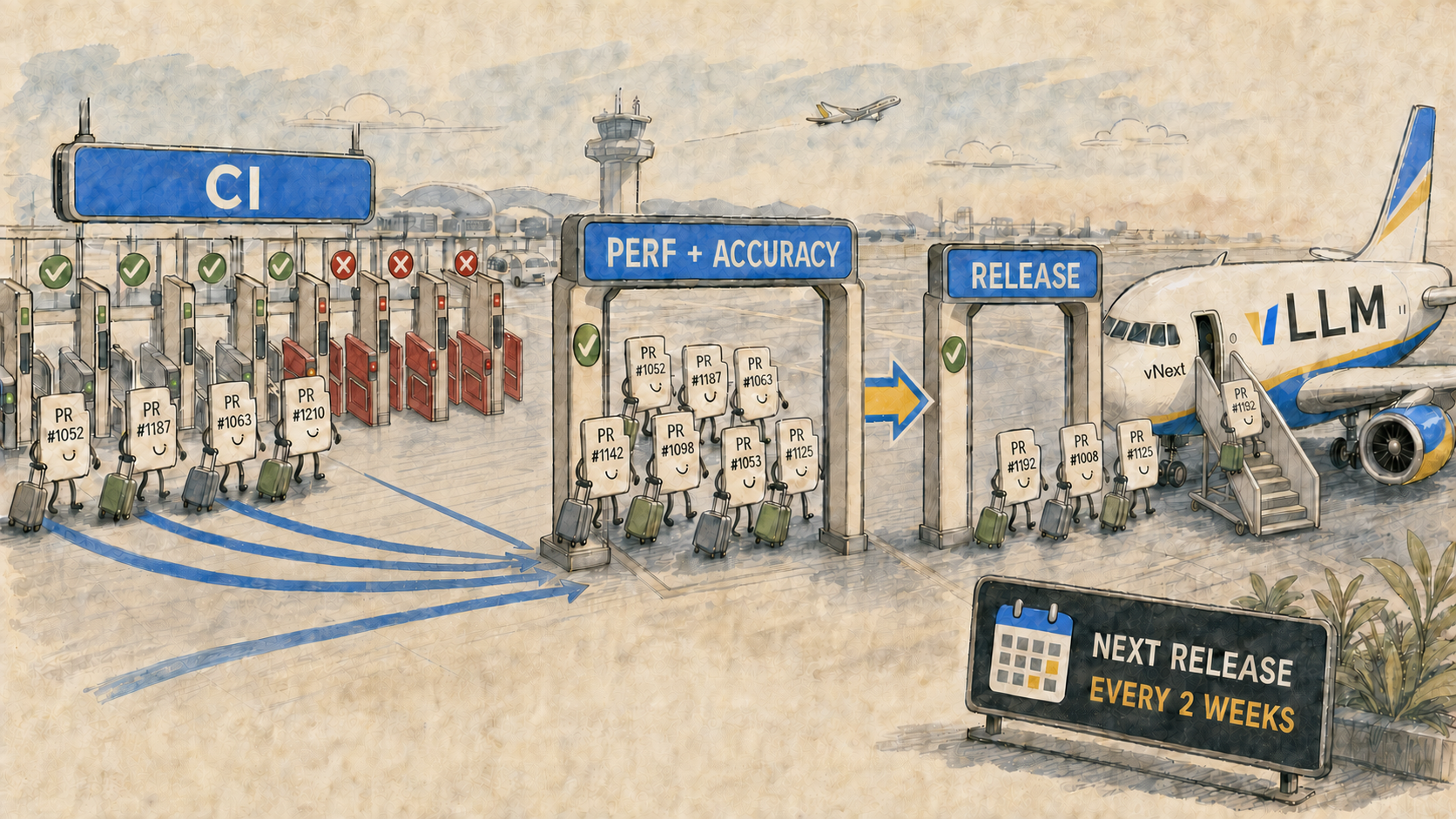 vLLM pull requests passing through CI, performance and accuracy evaluation, and release gates